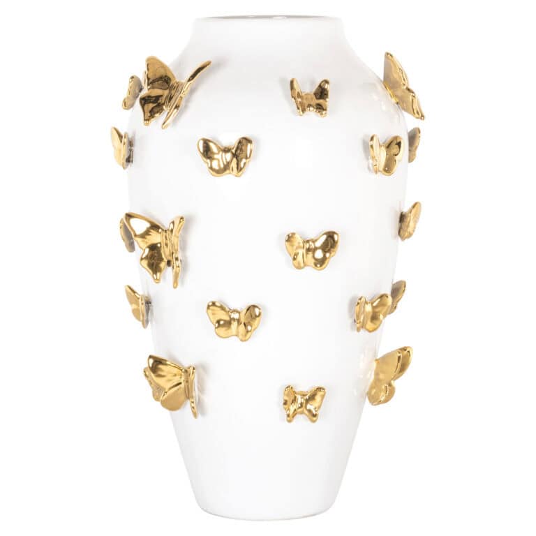 Witte vaas versierd met gouden vlinders, modern en decoratief design.