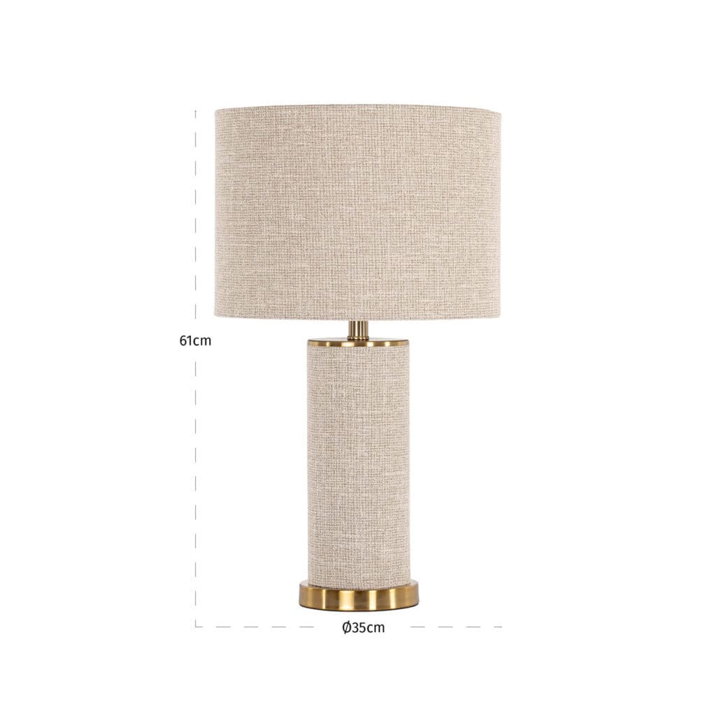 Beige tafellamp met gouddetails, 61cm hoog en 35cm diameter, perfect voor modern interieur.