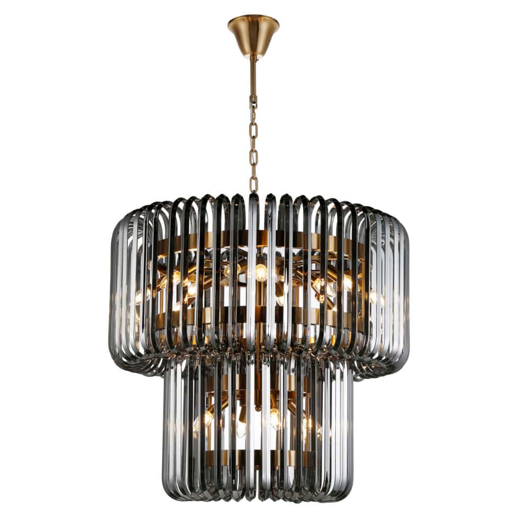 Luxe moderne hanglamp met glazen lamellen en goudkleurige details.