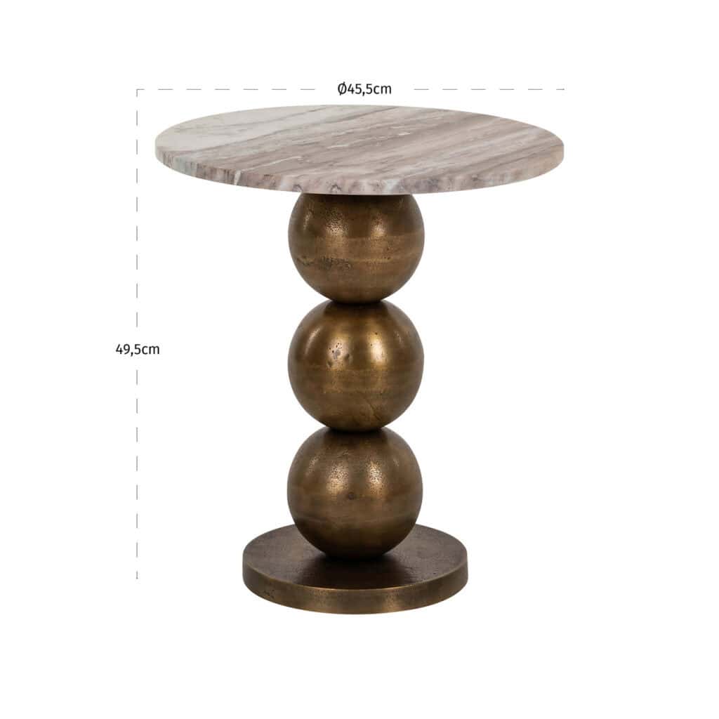 Bijzettafel met gouden ballen en marmeren blad, modern interieuraccessoire.
