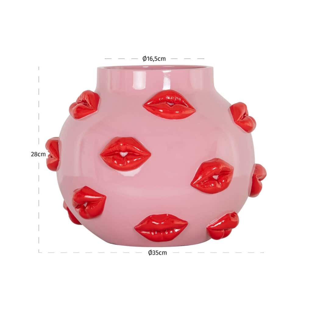 Decoratieve roze vaas met rode lippenmotieven, uniek design voor interieurdecoratie.
