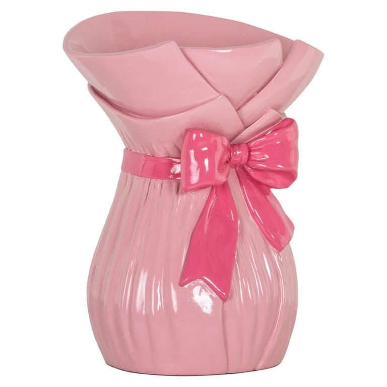 Roze keramische vaas met strikdecoratie, perfect voor modern interieur.