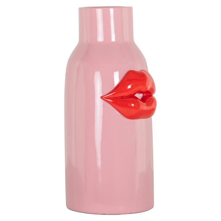 Roze vaas met opvallend lippenmotief, uniek design voor interieurdecoratie.