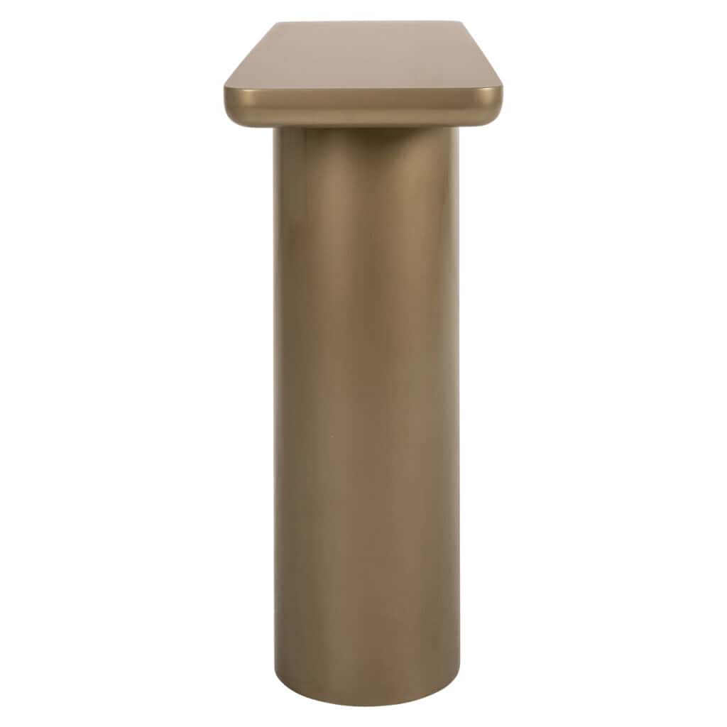 Goudkleurige bijzettafel met cilindervorm en vierkante bovenkant, modern interieuraccessoire.