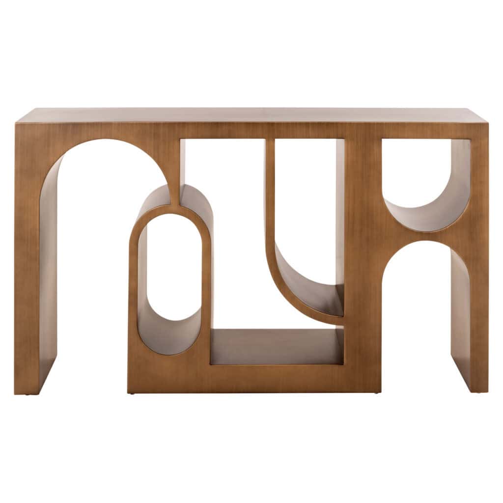 Moderne houten console met unieke geometrische openingen, perfect voor stijlvolle interieurdecoratie.