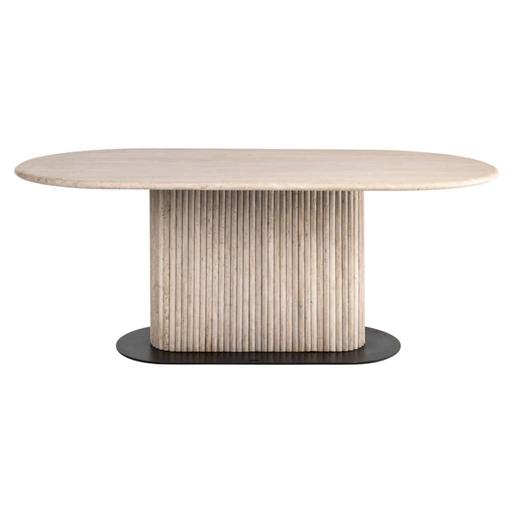 Moderne houten eettafel met zwart metalen onderstel, perfect voor stijlvolle interieurs.