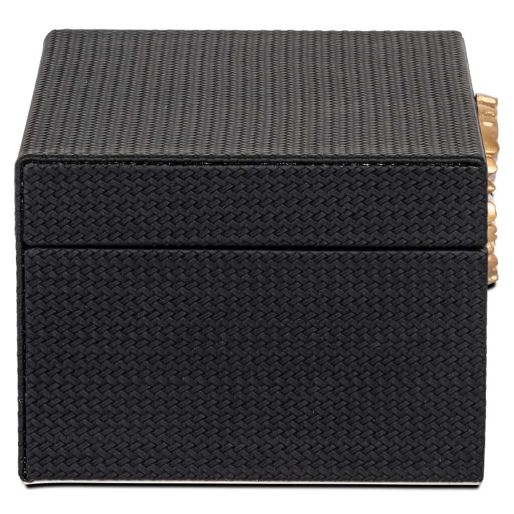Elegante zwarte sieradendoos met goudaccenten, perfect voor stijlvolle opslag.