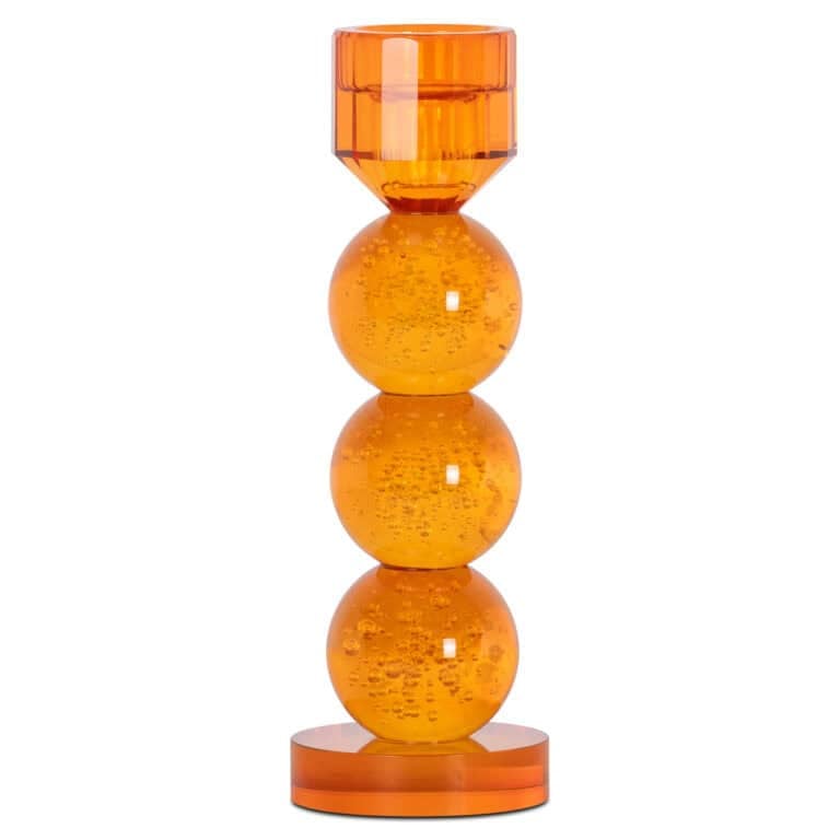 Unieke oranje glazen sculptuur met bolvormige elementen en moderne uitstraling.