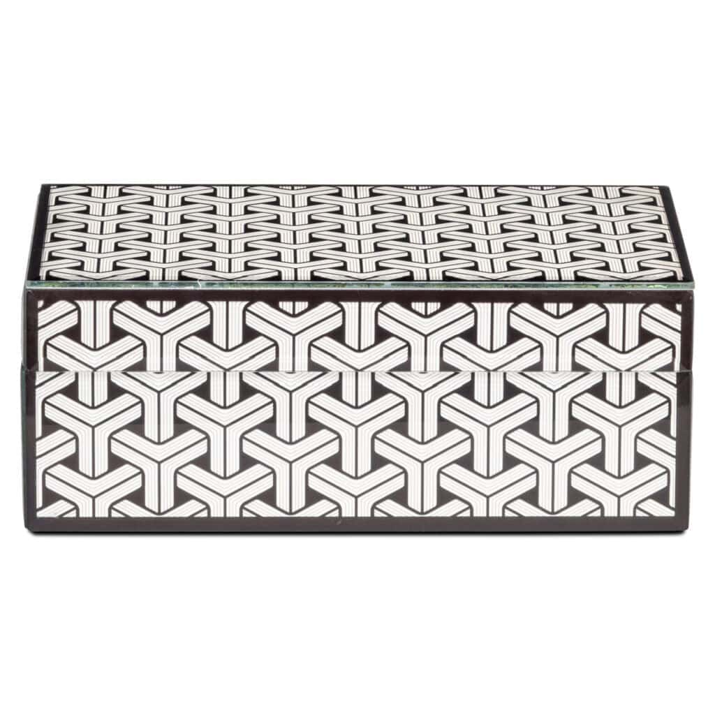 Moderne geometrische opbergdoos met zwart-witte patroon, perfect voor interieurdecoratie en organisa.