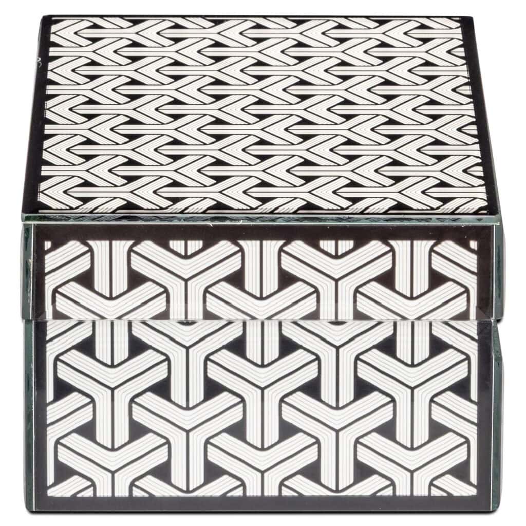 Modern geometrisch ontwerp op zwart-wit opbergdoos, stijlvol en functioneel.
