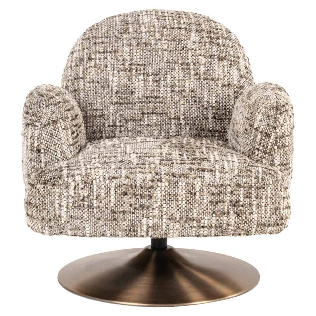 Comfortabele moderne draaistoel met gemêleerde stoffen bekleding en ronde metalen voet.