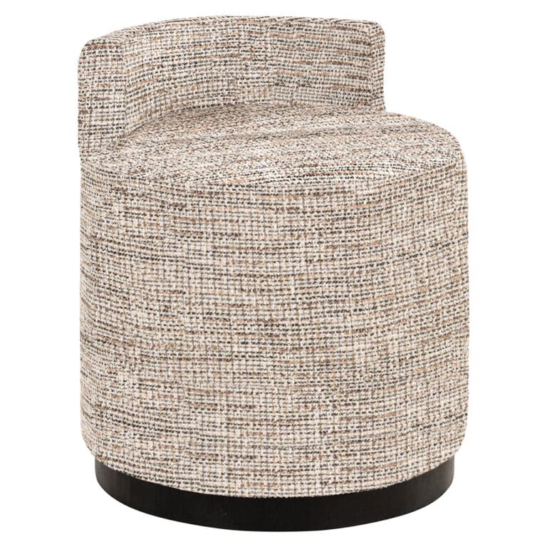 Ronde gestoffeerde stoel met multicolor patroon en zwart onderstel.