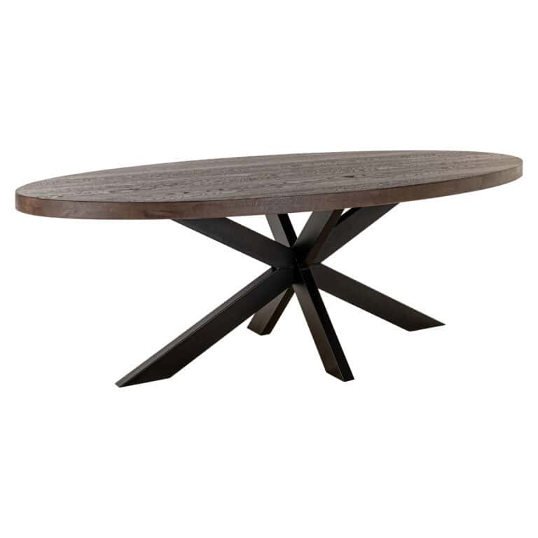 Moderne eettafel met houten blad en zwart metalen onderstel, perfect voor stijlvolle eetkamers.