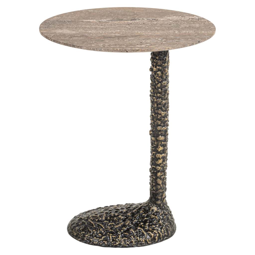 Houten bijzettafel met zwart metalen voet, modern design, geschikt voor woonkamer of slaapkamer.