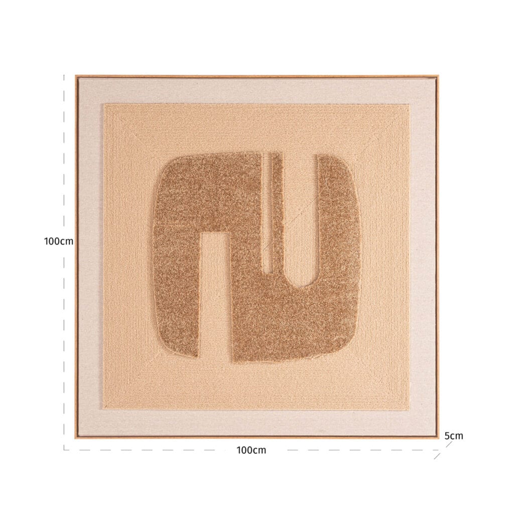 Moderne abstracte muurkunst met geometrisch ontwerp in neutrale tinten.