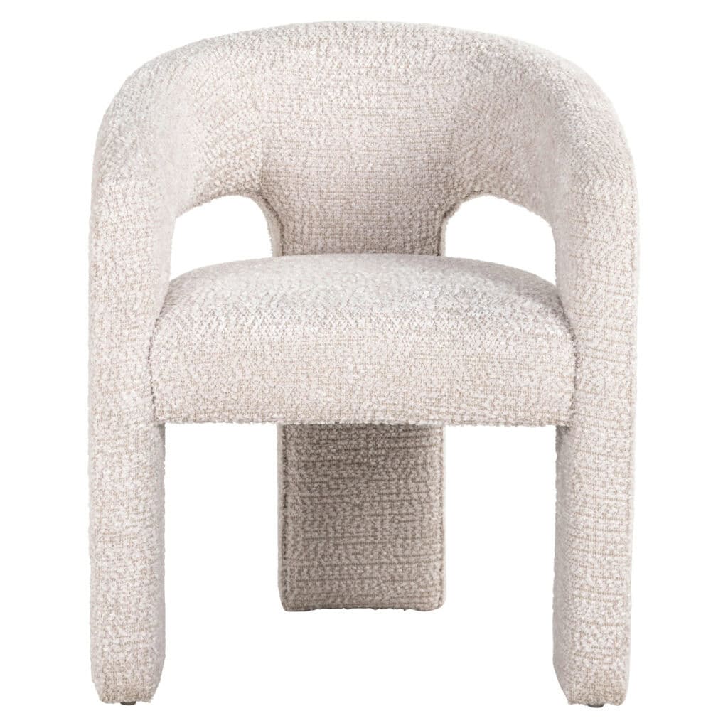 Comfortabele moderne fauteuil met zachte, gebreide bekleding en unieke ontwerpdetails.