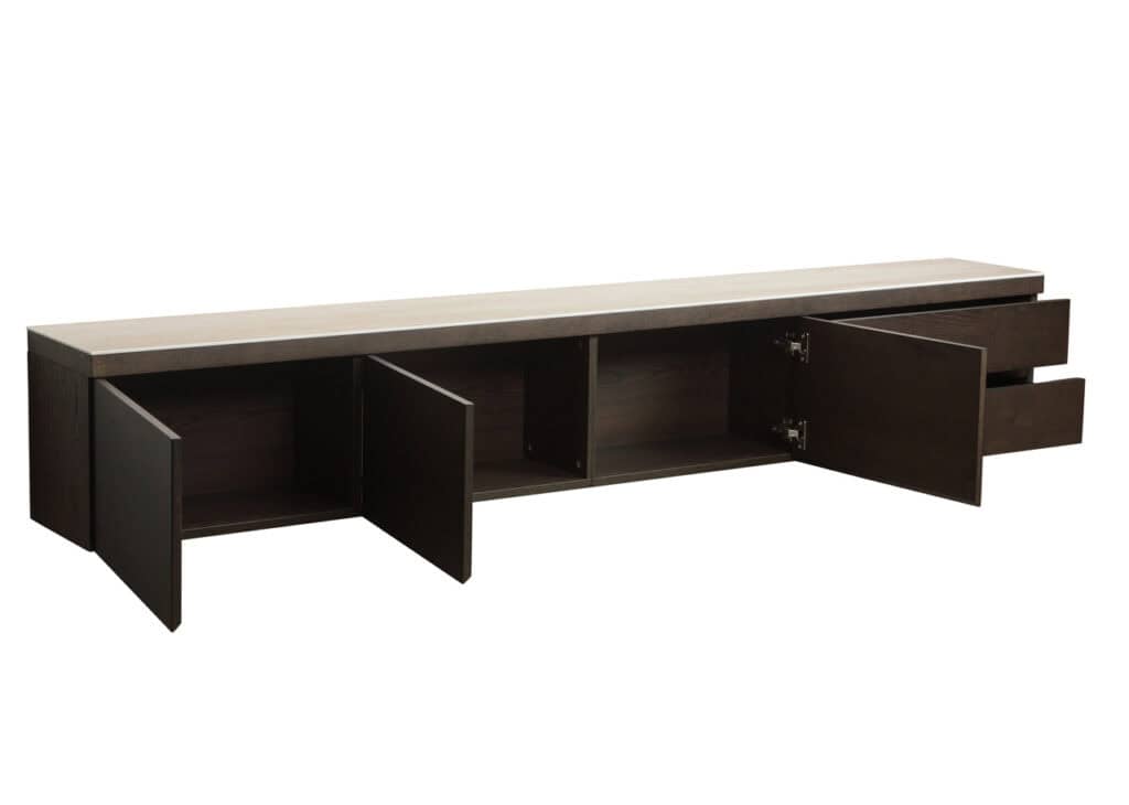 Modern TV meubel met opbergruimte, donker hout en strakke design voor woonkamer.