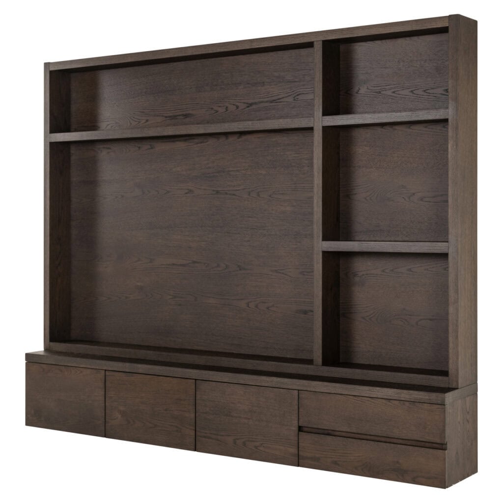Elegante houten boekenkast met meerdere vakken en laden, modern design voor stijlvolle woonruimtes.