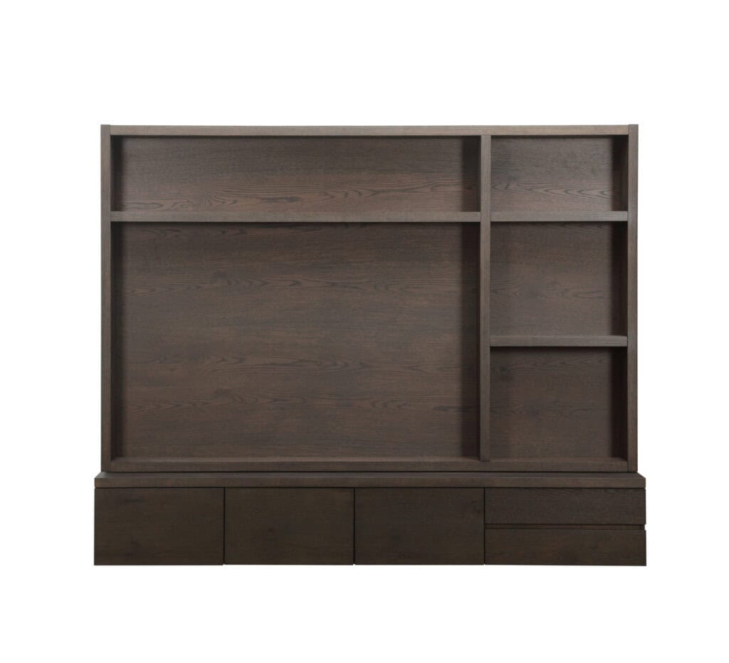Moderne houten wandmeubel met opbergruimte en lades voor stijlvolle interieuroplossingen.