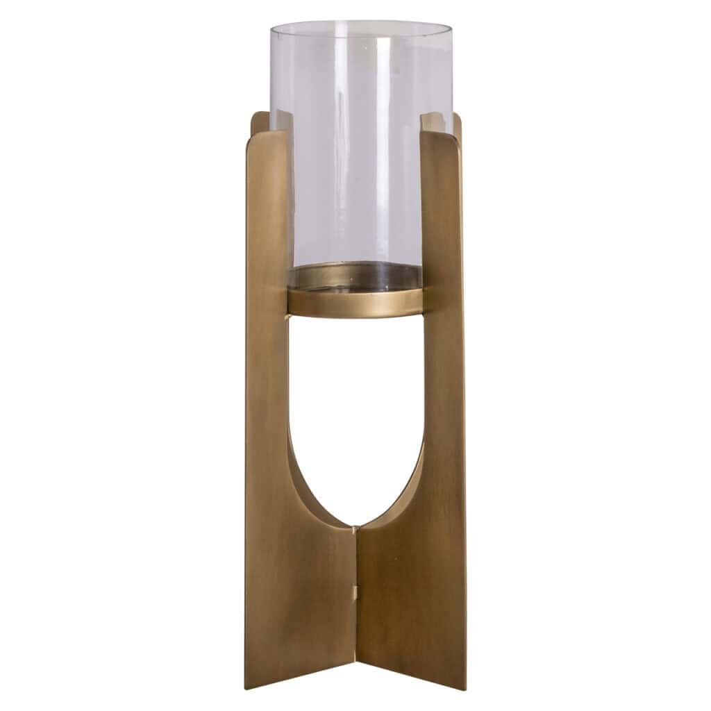 Moderne glazen vaas op houten standaard voor stijlvolle interieurdecoratie.