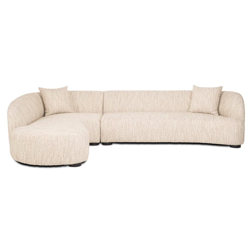 Bankstel met hoek en beige bekleding, perfect voor stijlvolle en comfortabele woonruimtes.