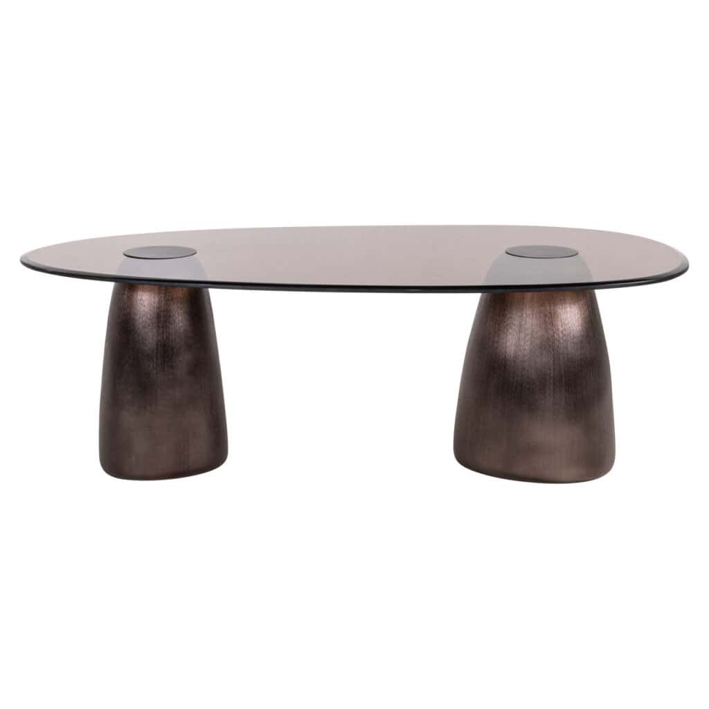 Stijlvolle moderne salontafel met glanzend tafelblad en unieke voetontwerp.