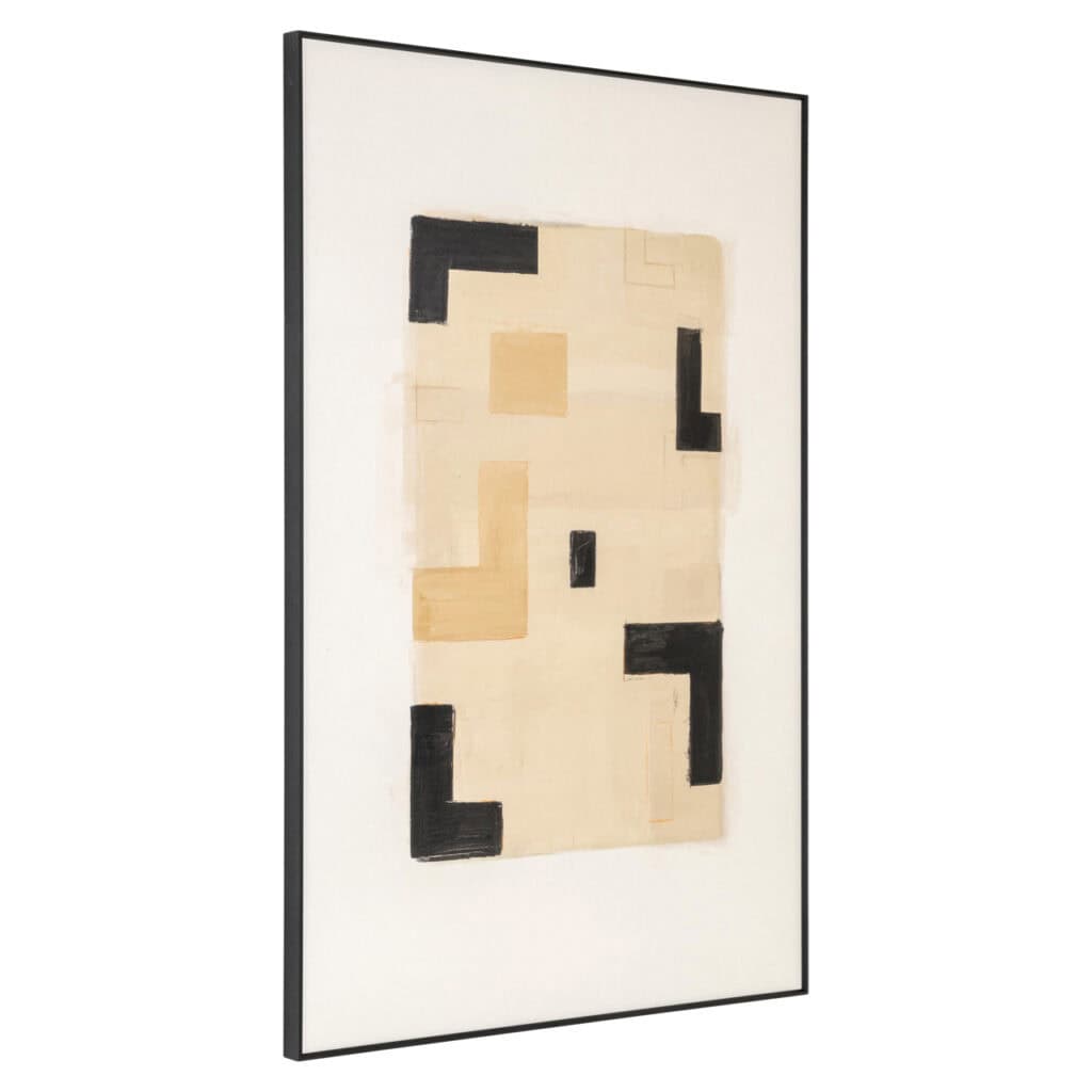Moderne abstracte muurkunst met beige en zwarte geometrische vormen, perfect voor interieurdecoratie.