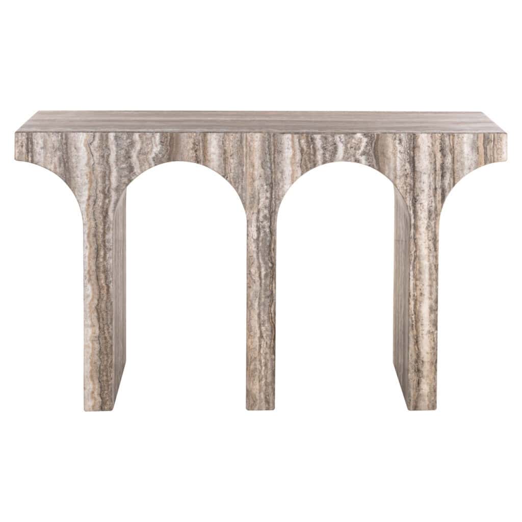 Marble dining table with three curved legs, featuring an elegant and modern design.