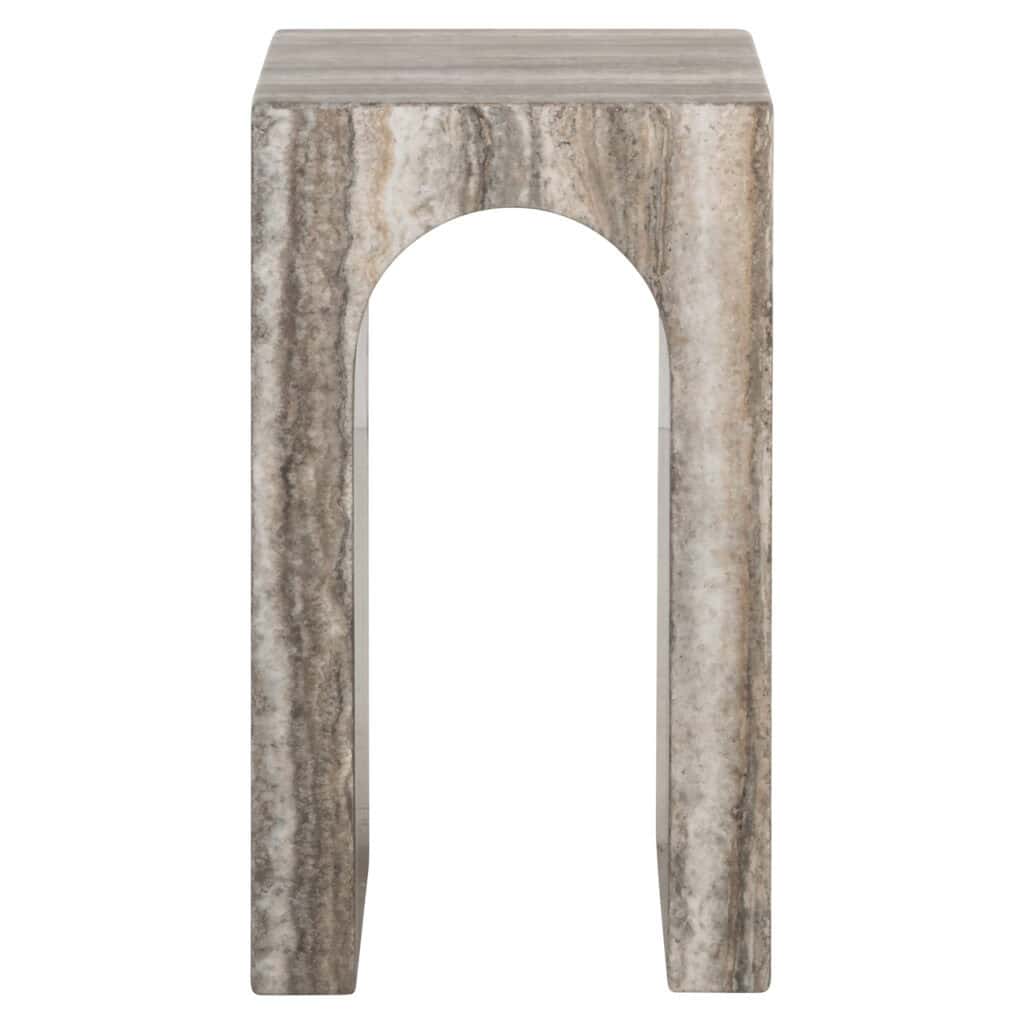 Natuurlijke houten bijzettafel met boogvormige opening, modern design voor interieur.