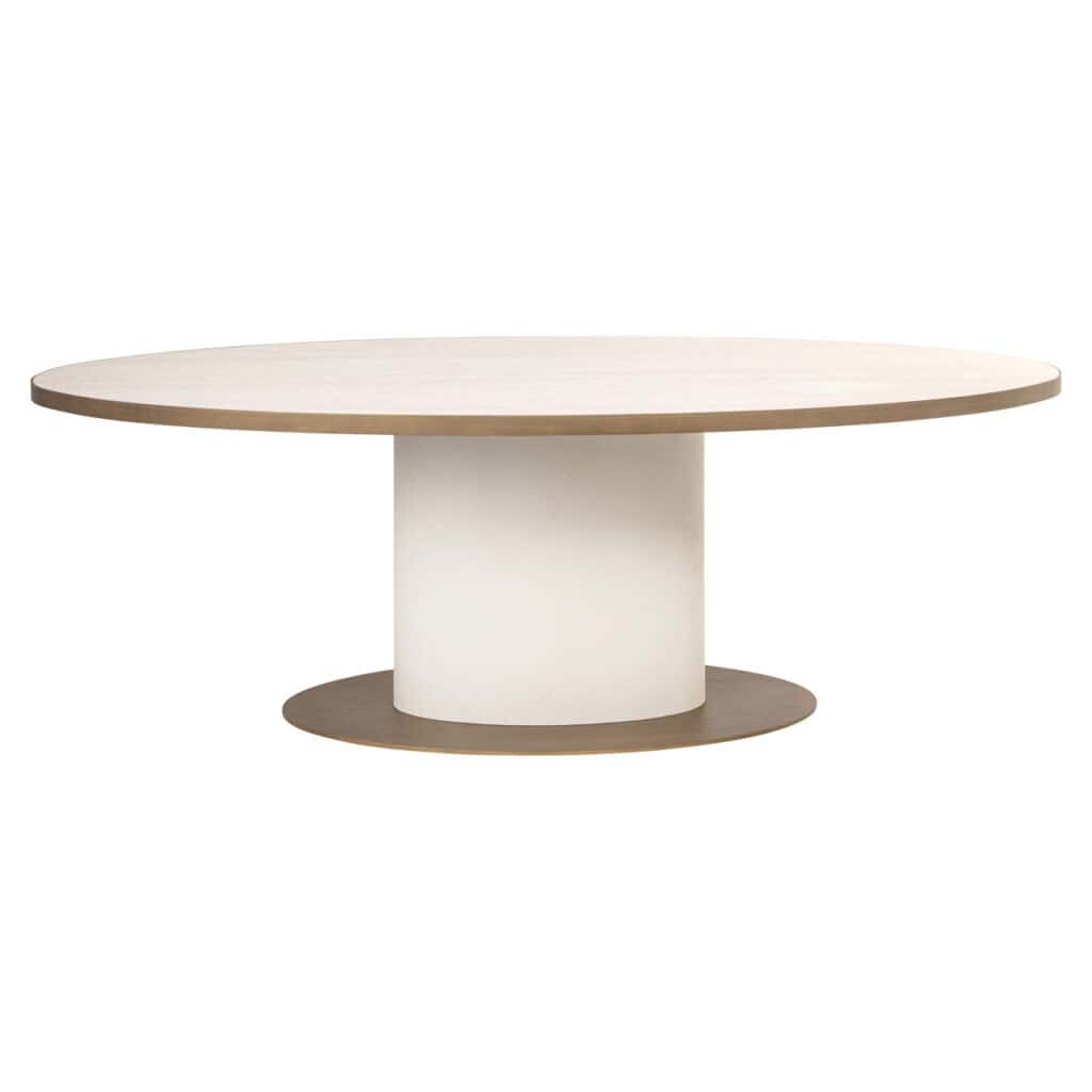 Moderne ronde eettafel met wit blad en houten basis, perfect voor eigentijdse interieurstijlen.