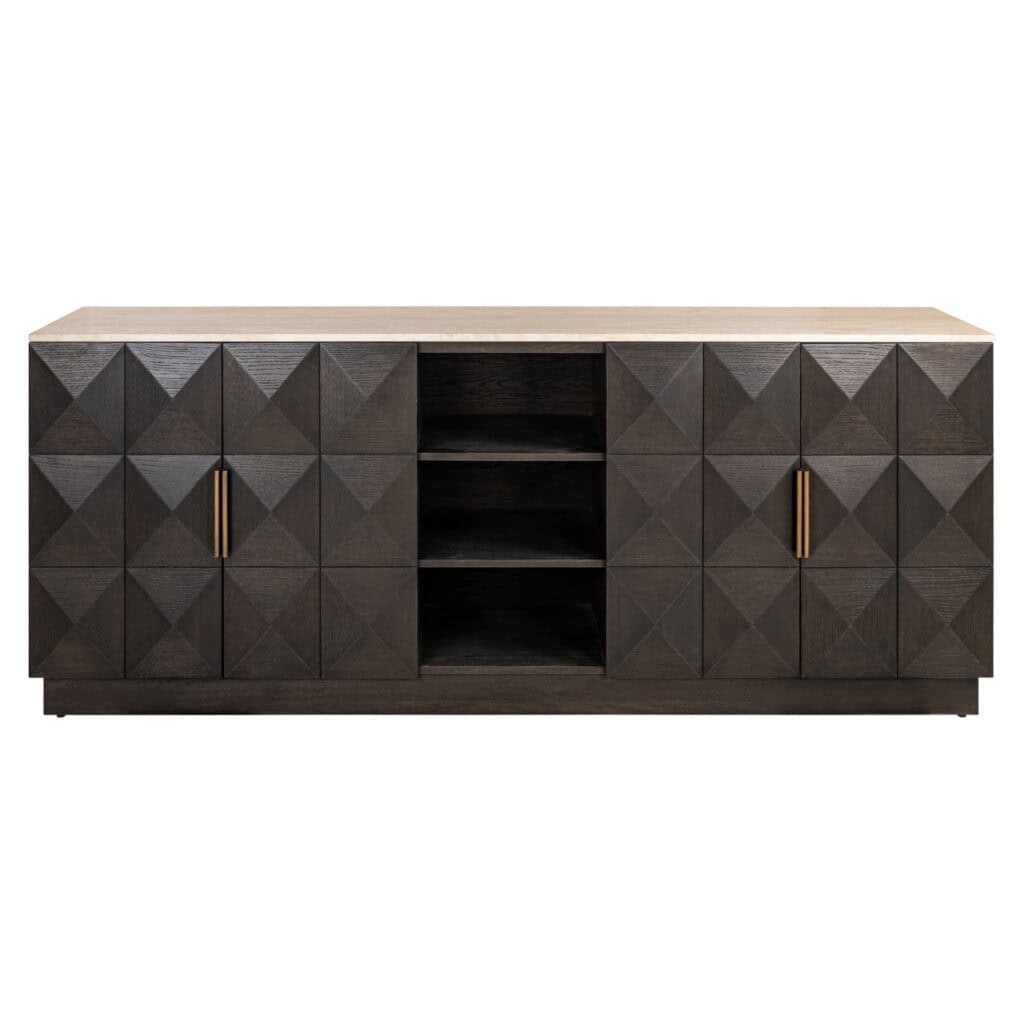Modern houten dressoir met geometrisch patroon en goudkleurige handgrepen voor stijlvolle interieurd.