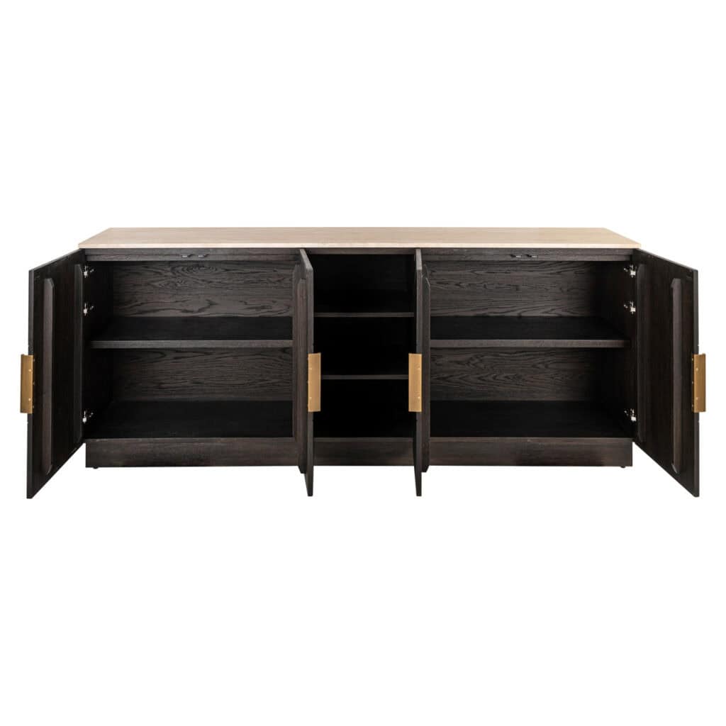 Zwart houten dressoir met gouden handgrepen, perfect voor moderne interieurdecoratie.