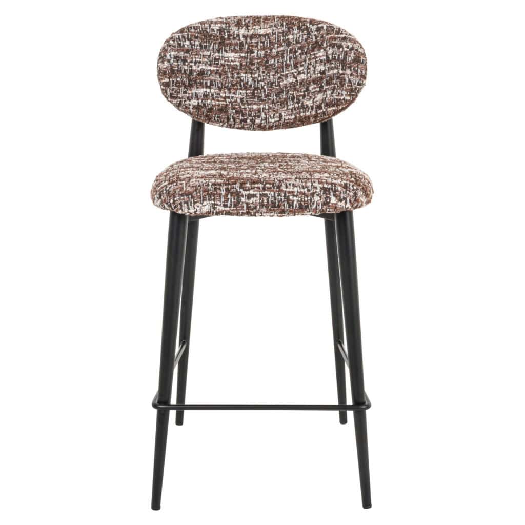 Moderne stoffen barkruk met gebogen rugleuning en zwart metalen poten voor een stijlvolle eetkamer.