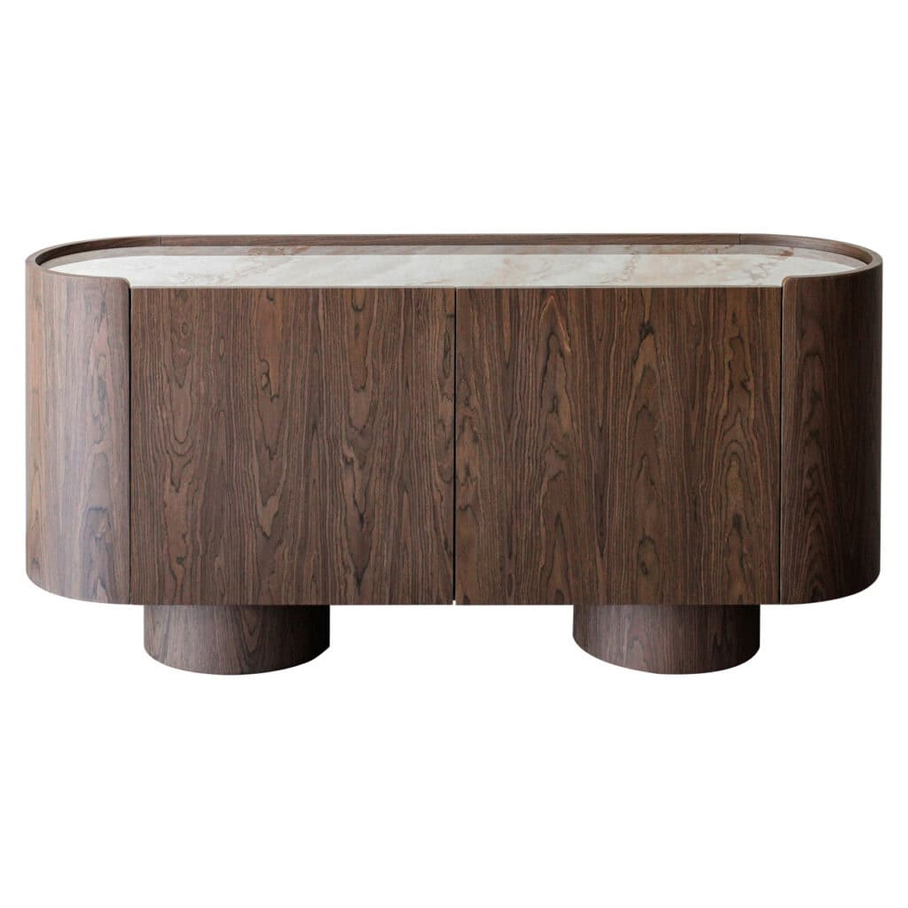 Elegant houten dressoir met marmeren bovenblad, modern interieurstuk.