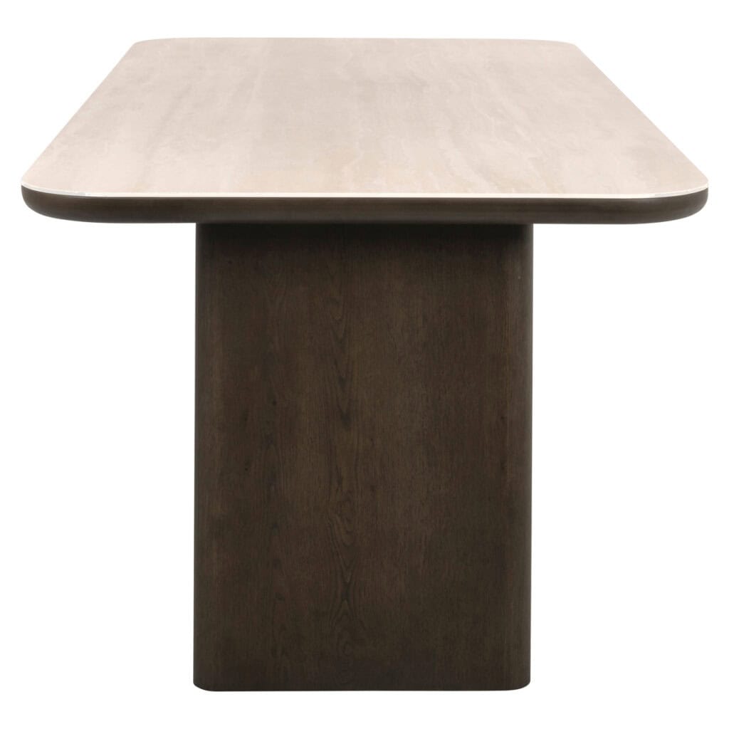 Moderne houten eettafel met beige blad en donker onderstel, perfect voor stijlvolle eetkamers.