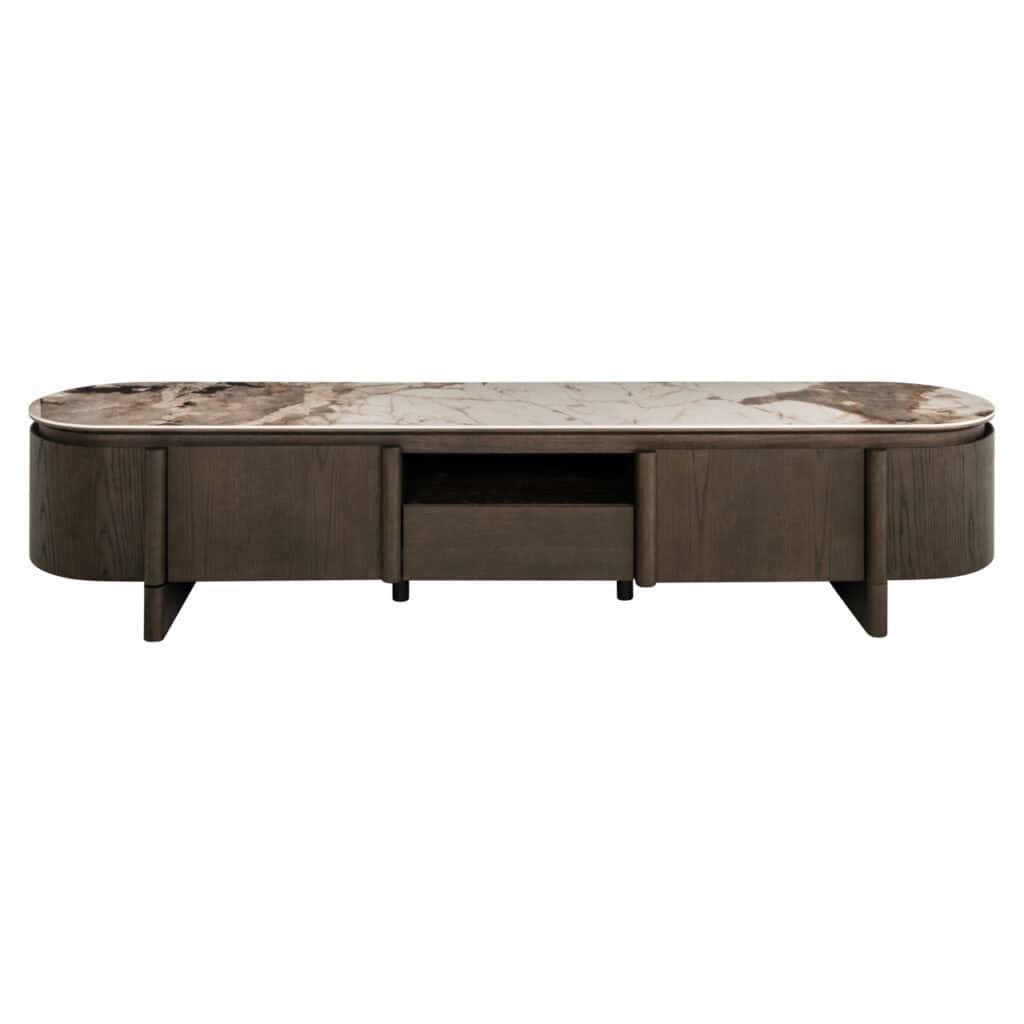 Luxe houten salontafel met marmeren bovenkant, modern design, perfect voor stijlvolle woonkamers.