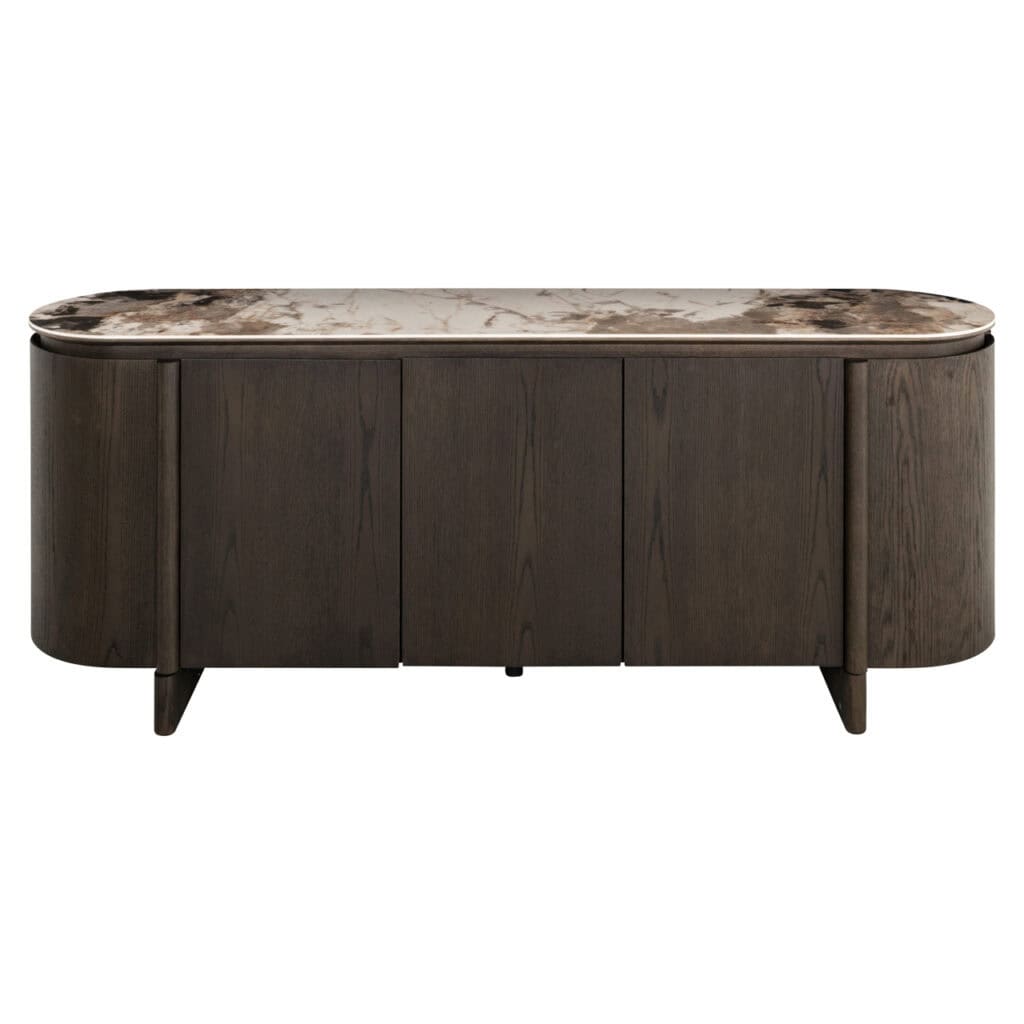 Luxe houten dressoir met marmeren top, perfect voor modern interieur.