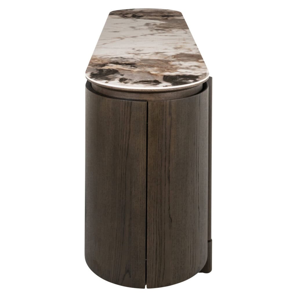 Kleine houten kast met marmeren bovenblad, perfect voor modern interieur en stijlvolle opbergruimte.