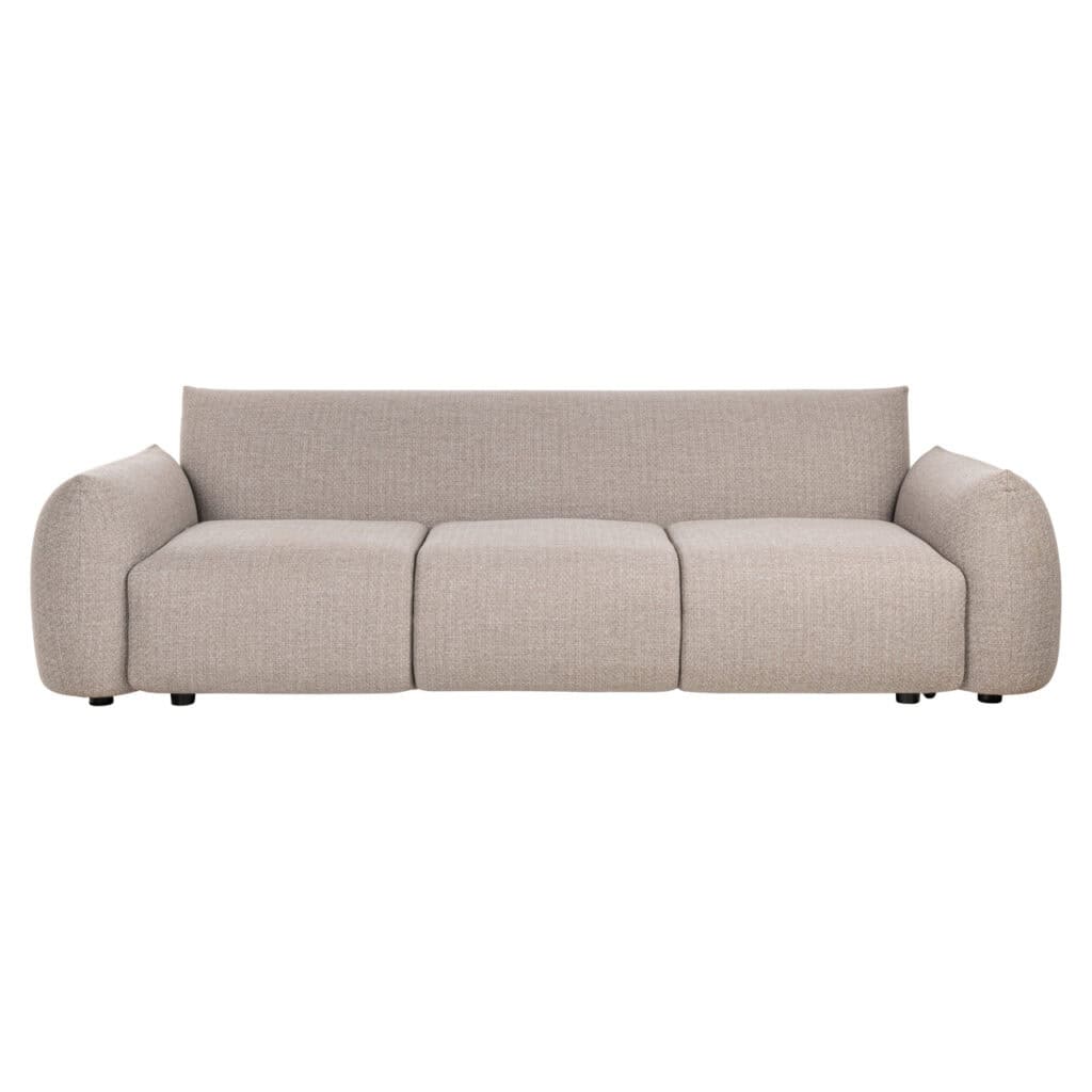 Zachte beige stoffen bank, perfect voor een eigentijdse woonkamer en interieur.