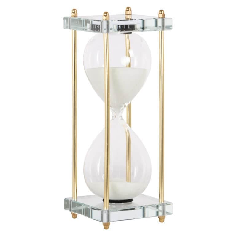 Horloge de luxe en forme de sablier, avec des touches de verre et d'or, pour un intérieur moderne.