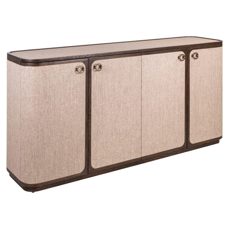 Vintage wooden sideboard with fabric panels, elegant and functional.