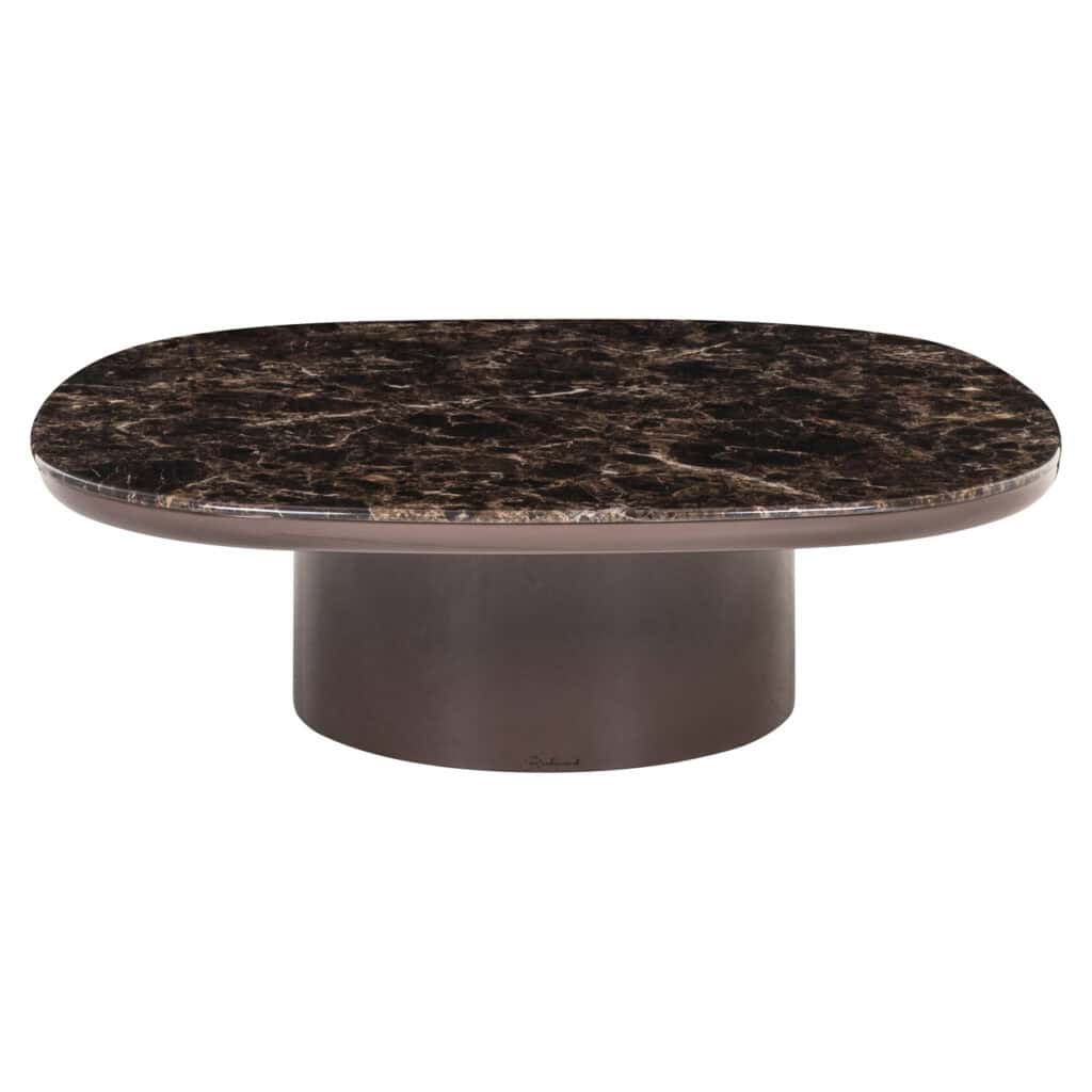Marmeren salontafel met ronde basis en luxe uitstraling.