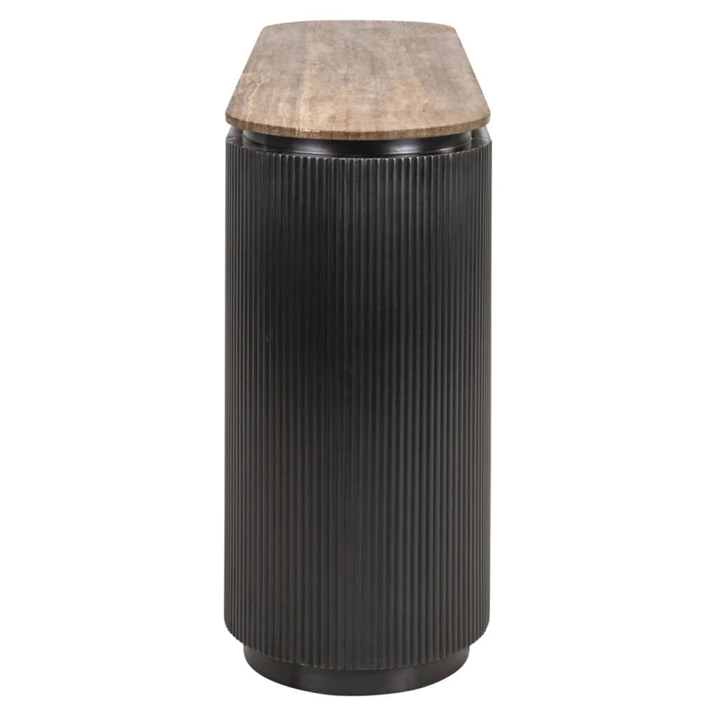 Zwarte bijzettafel met ribbelstructuur en houten blad, modern interieuraccessoire.