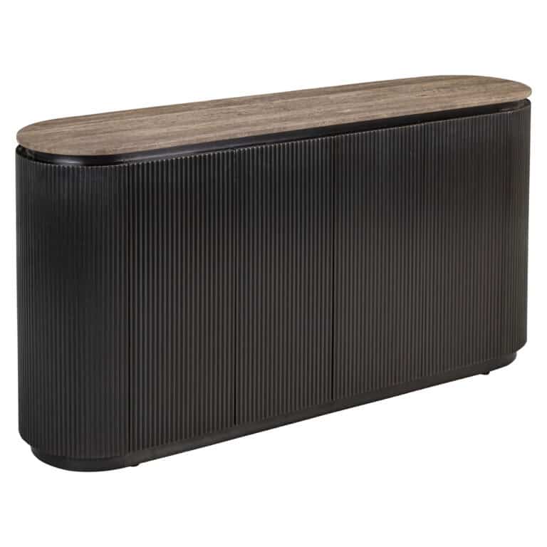 Black wooden sideboard with a ribbed texture and a wooden top, modern design.