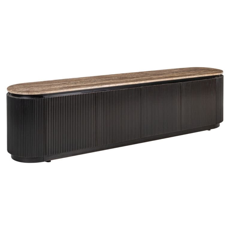 Zwart houten dressoir met houten blad, perfect voor modern interieur en opbergruimte. Elegant design.