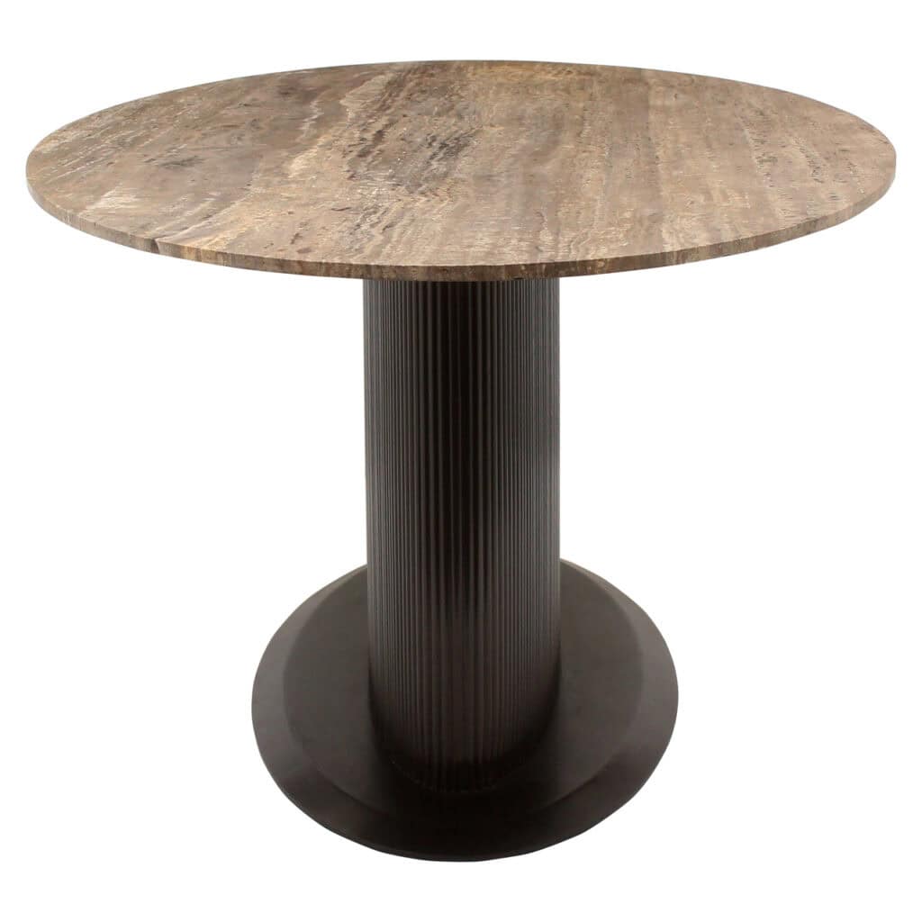 Modern wooden dining table with a black metal base, perfect for stylish dining rooms.