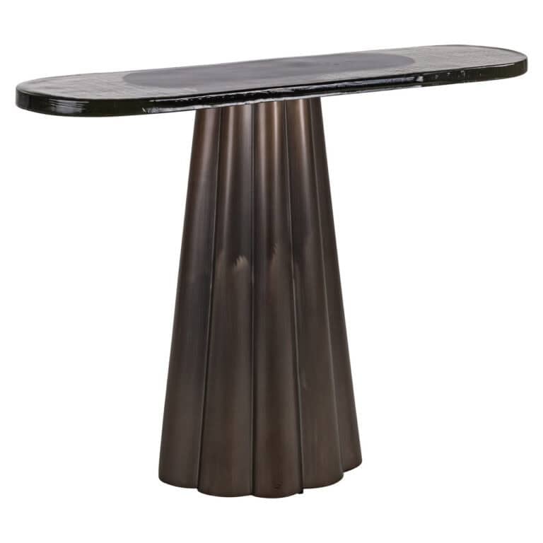 Luxe houten salontafel met unieke basis voor modern interieur.