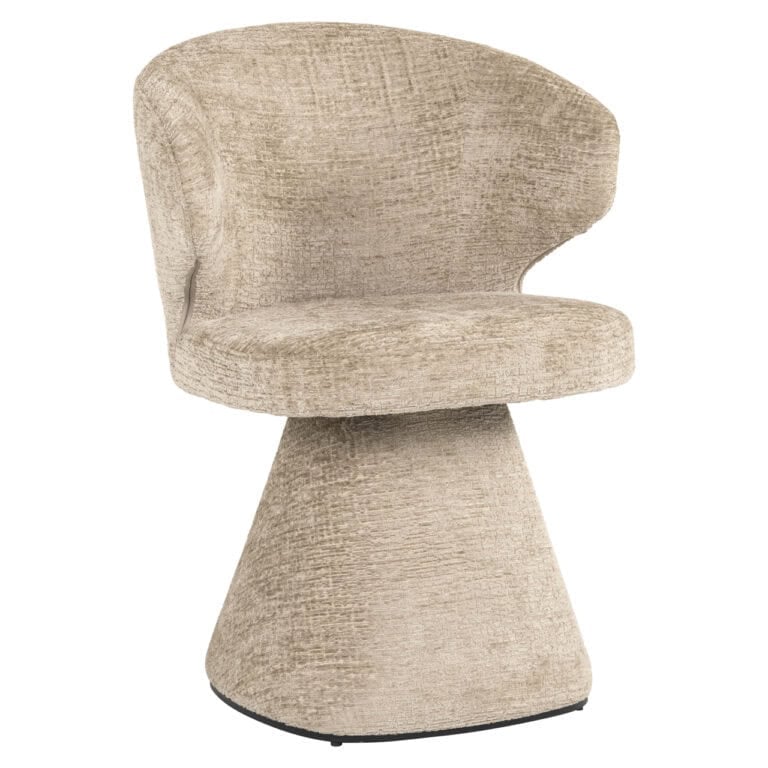 Comfortabele beige fauteuil met unieke sculpturale basis voor elegant interieur.
