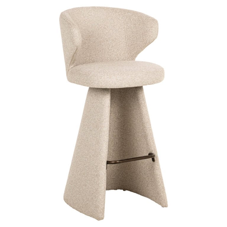 Barstoel met beige bekleding, comfortabele zitting en stevige constructie.