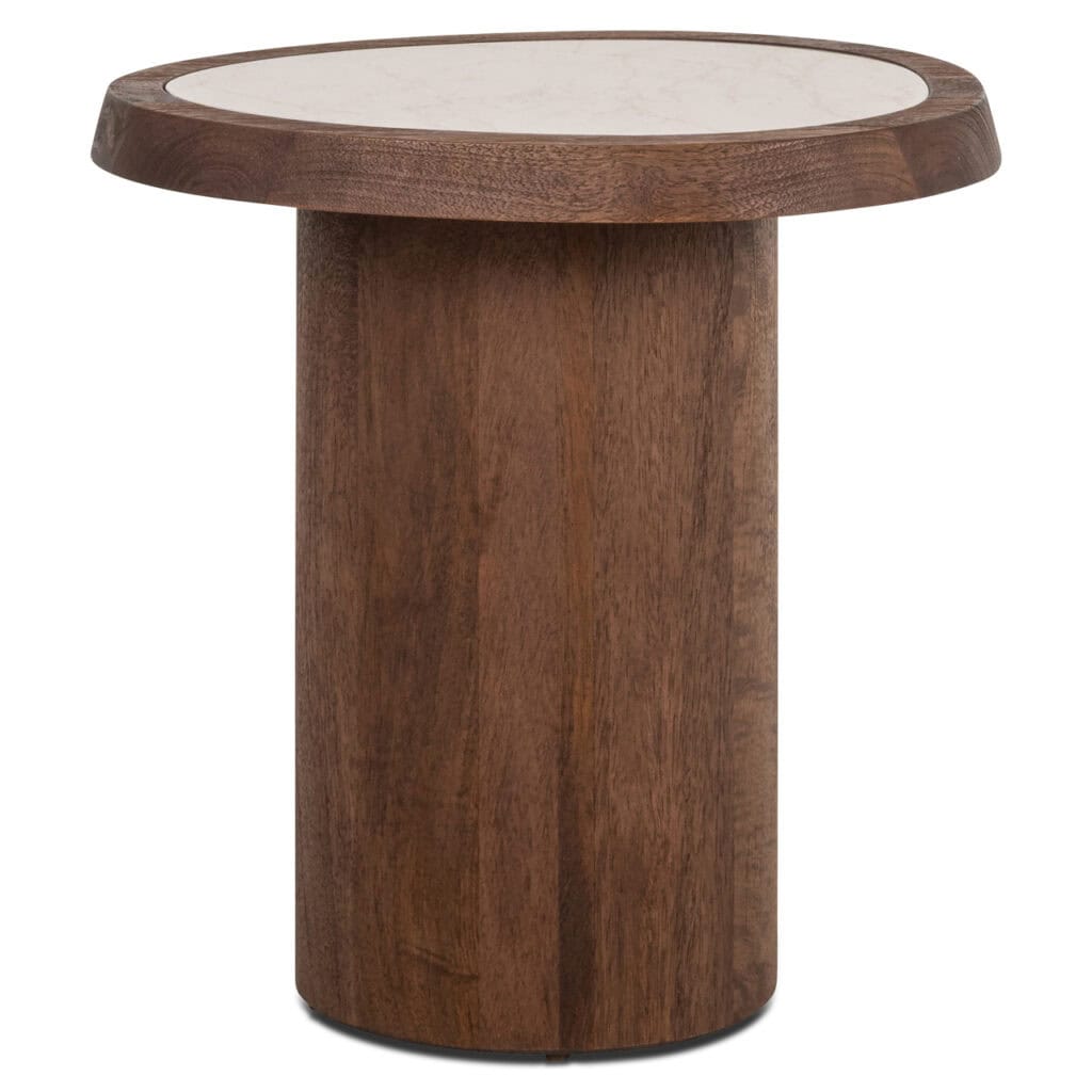 Houten bijzettafel met ronde top en cilindrisch onderstel, modern design.